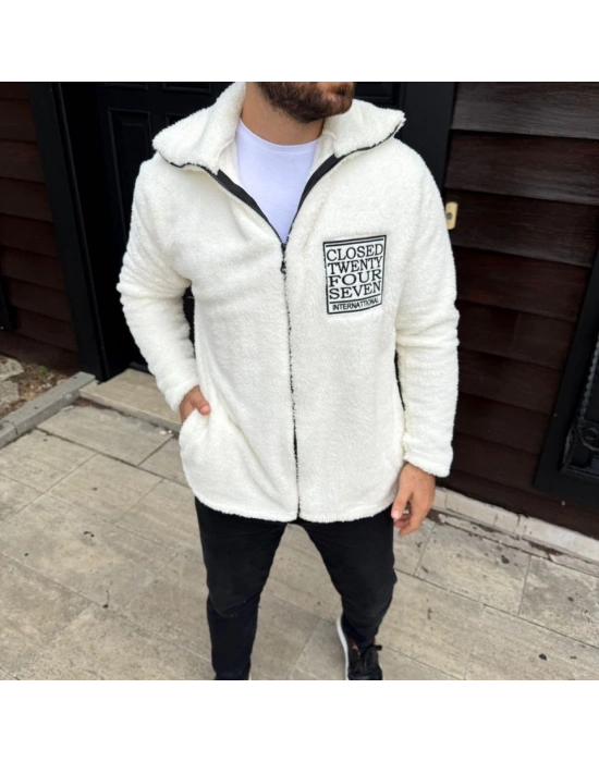 Erkek Polar Fermuarlı weatshirt – Kapüşonsuz, Cepli, Yumuşak Dokulu, Oversize Rahat Kalıp, Kışlık ıcak Tutan Fermuarlı Üst  Beyaz