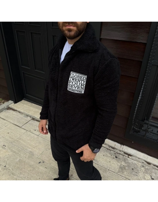 Erkek Polar Fermuarlı weatshirt – Kapüşonsuz, Cepli, Yumuşak Dokulu, Oversize Rahat Kalıp, Kışlık ıcak Tutan Fermuarlı Üst  iyah