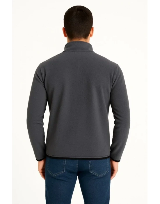 Erkek Polar Kazak Dik Yaka Yarım Fermuarlı Fermuarlı Göğüs Cepli iyah Biyeli  Füme