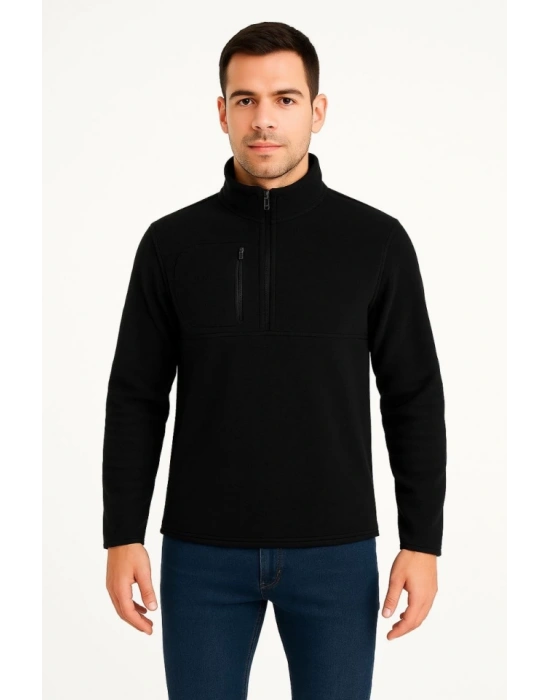 Erkek Polar Kazak – Dik Yaka, Yarım Fermuarlı, Fermuarlı Göğüs Cepli, iyah Biyeli, Kışlık Rahat Regular Fit Günlük odel  iyah