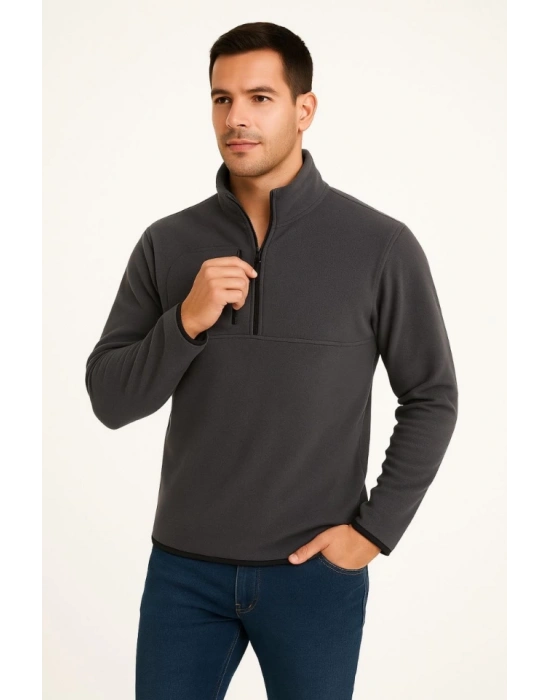 Erkek Polar Kazak – Dik Yaka, Yarım Fermuarlı, Fermuarlı Göğüs Cepli, iyah Biyeli, Kışlık Rahat Regular Fit Günlük odel  Füme