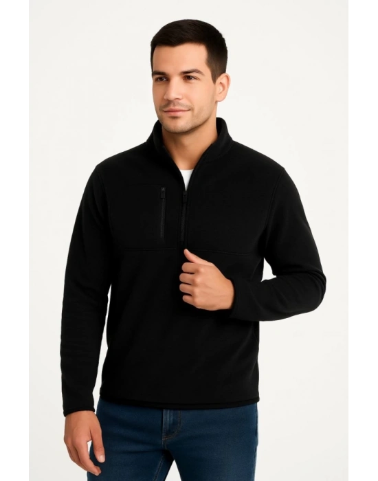 Erkek Polar Kazak – Dik Yaka, Yarım Fermuarlı, Fermuarlı Göğüs Cepli, iyah Biyeli, Kışlık Rahat Regular Fit Günlük odel  iyah