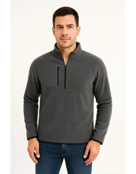 Erkek Polar Kazak – Dik Yaka, Yarım Fermuarlı, Fermuarlı Göğüs Cepli, iyah Biyeli, Kışlık Rahat Regular Fit Günlük odel  Füme