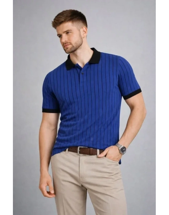 Erkek Polo Yaka Çizgili Tişört Kısa Kol Düğmeli Yazlık Thirt  aks avisi