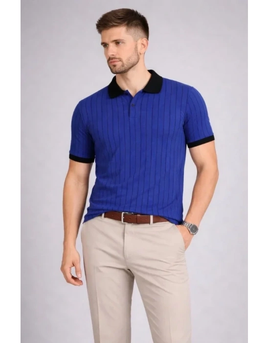 Erkek Polo Yaka Çizgili Tişört Kısa Kol Düğmeli Yazlık Thirt  aks avisi