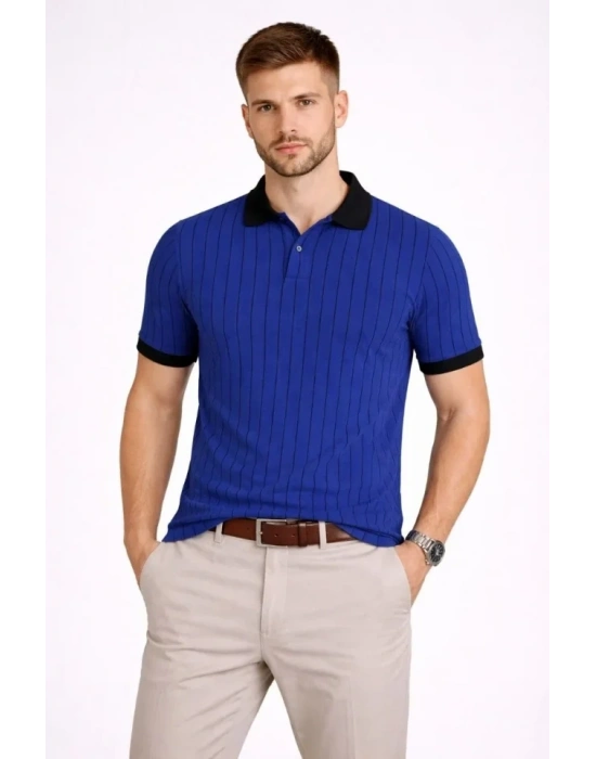 Erkek Polo Yaka Çizgili Tişört Kısa Kol Düğmeli Yazlık Thirt  aks avisi
