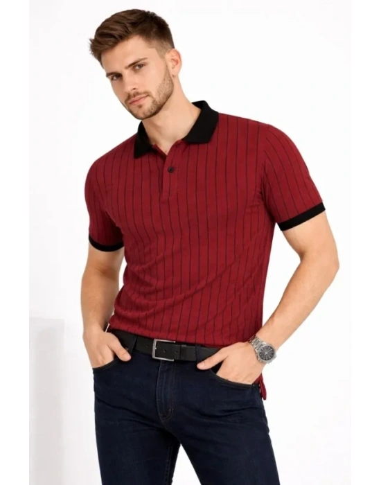 Erkek Polo Yaka Çizgili Tişört Kısa Kol Düğmeli Yazlık Thirt  Bordo