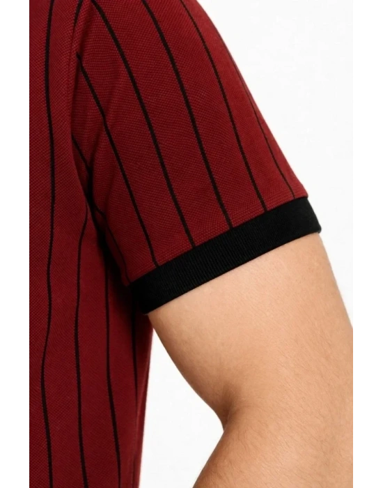 Erkek Polo Yaka Çizgili Tişört Kısa Kol Düğmeli Yazlık Thirt  Bordo