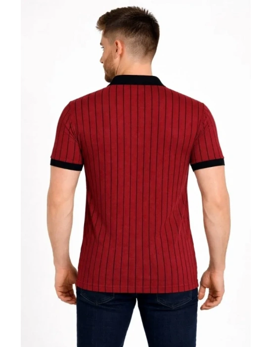 Erkek Polo Yaka Çizgili Tişört Kısa Kol Düğmeli Yazlık Thirt  Bordo