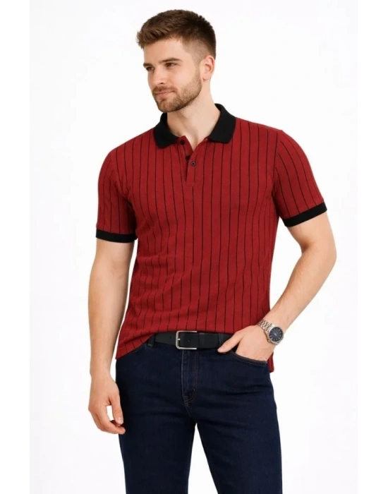 Erkek Polo Yaka Çizgili Tişört Kısa Kol Düğmeli Yazlık Thirt  Bordo