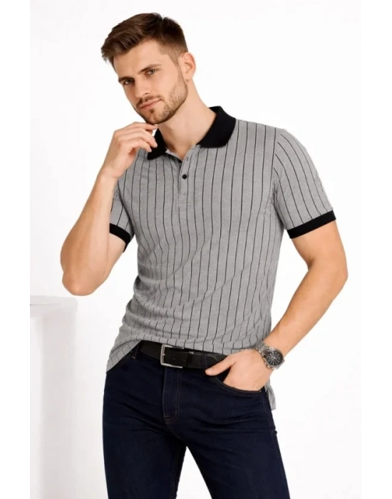 Erkek Polo Yaka Çizgili Tişört Kısa Kol Düğmeli Yazlık Thirt  Gri