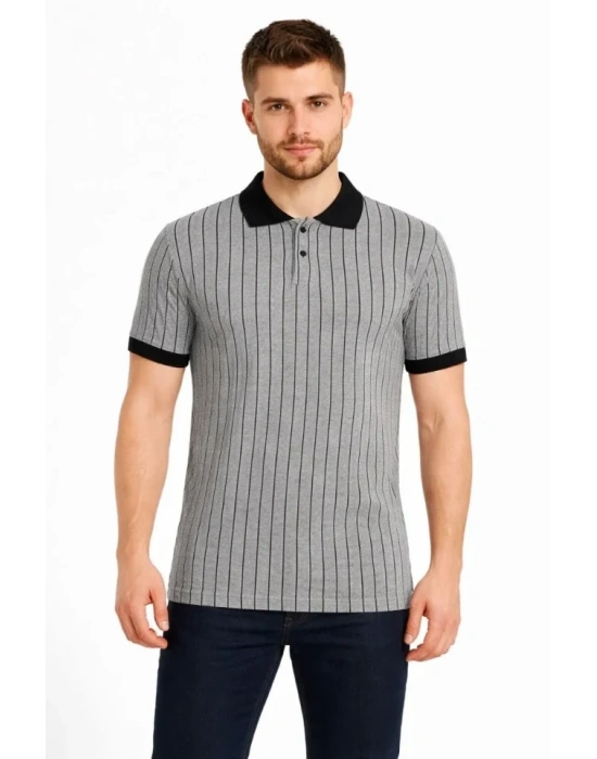 Erkek Polo Yaka Çizgili Tişört Kısa Kol Düğmeli Yazlık Thirt  Gri