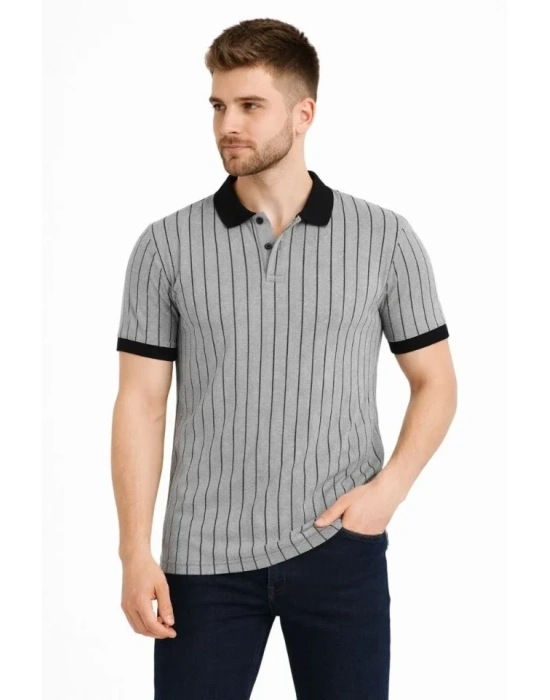 Erkek Polo Yaka Çizgili Tişört Kısa Kol Düğmeli Yazlık Thirt  Gri
