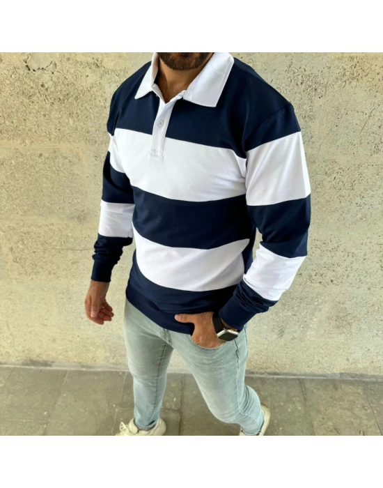 Erkek Polo Yaka Uzun Kollu Çizgili weatshirt Trend Rugby til  acivert