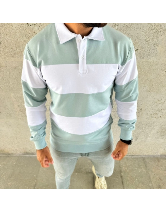 Erkek Polo Yaka Uzun Kollu Çizgili weatshirt Trend Rugby til  Çağla Yeşili
