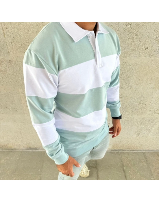 Erkek Polo Yaka Uzun Kollu Çizgili weatshirt Trend Rugby til  Çağla Yeşili