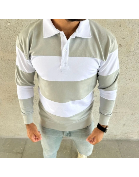 Erkek Polo Yaka Uzun Kollu Çizgili weatshirt Trend Rugby til  int Yeşili