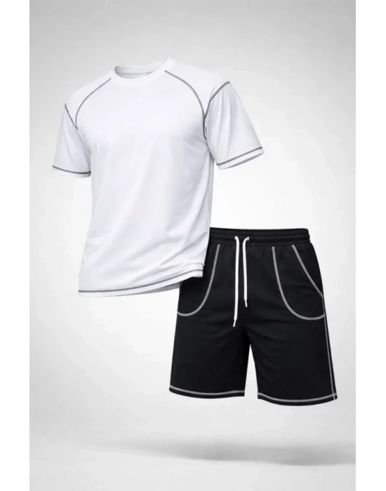 Erkek por Tişört Şort Takım Kontrast Dikiş Detaylı Ovarsize Rahat Kalıp  Beyaz