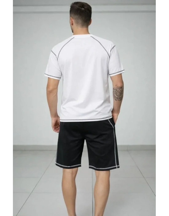Erkek por Tişört Şort Takım Kontrast Dikiş Detaylı Ovarsize Rahat Kalıp  Beyaz