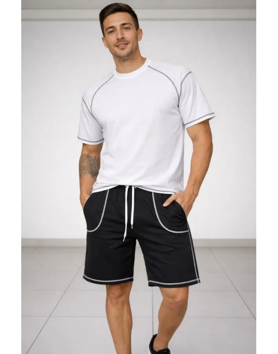 Erkek por Tişört Şort Takım Kontrast Dikiş Detaylı Ovarsize Rahat Kalıp  Beyaz