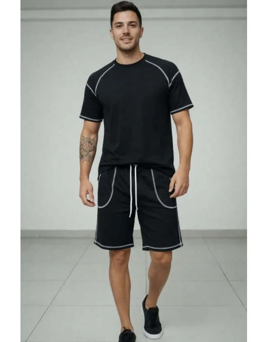 Erkek por Tişört Şort Takım Kontrast Dikiş Detaylı Ovarsize Rahat Kalıp  iyah