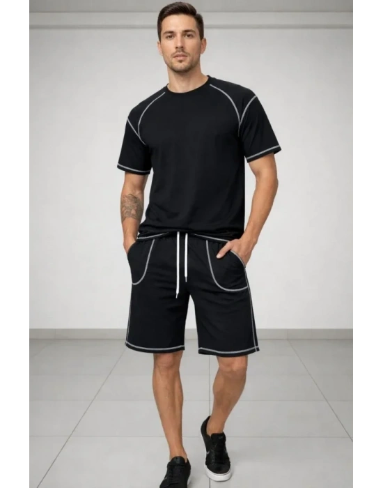 Erkek por Tişört Şort Takım Kontrast Dikiş Detaylı Ovarsize Rahat Kalıp  iyah