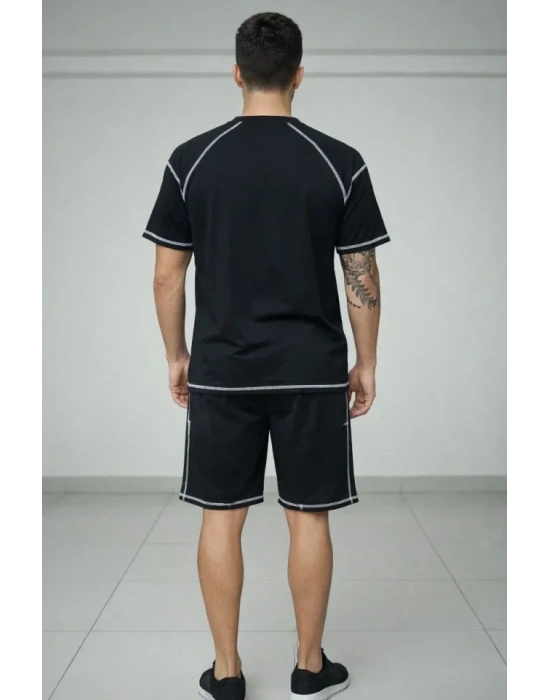 Erkek por Tişört Şort Takım Kontrast Dikiş Detaylı Ovarsize Rahat Kalıp  iyah