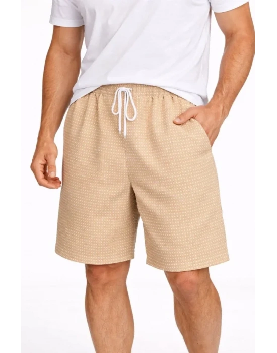 Erkek Pötikareli Şort – Beli astikli Bağcıklı, Cepli, Rahat Kesim Günlük Yazlık Şort  Bej