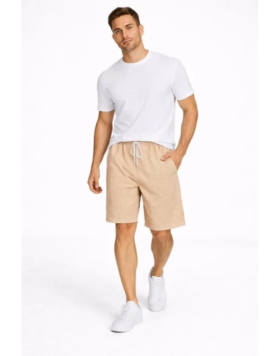Erkek Pötikareli Şort – Beli astikli Bağcıklı, Cepli, Rahat Kesim Günlük Yazlık Şort  Bej