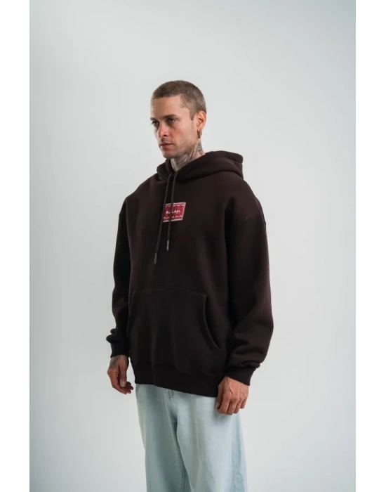 Erkek Premium Nakışlı Kapşonlu Sweatshirt Double Oversize Üç İplik Pamuklu  Siyah