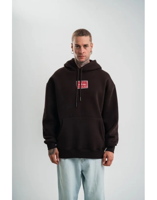 Erkek Premium Nakışlı Kapşonlu Sweatshirt Double Oversize Üç İplik Pamuklu  Siyah