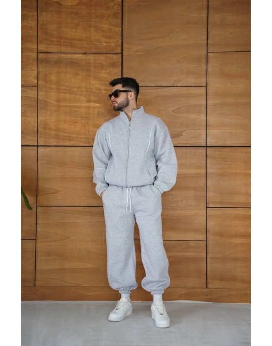 Erkek Premium Parçalı Eşofman Takım  Dik Yaka Fermuarlı Biyeli weatshirt astik Paça Alt, Oversize 3 Iplik Şardonlu  Gri