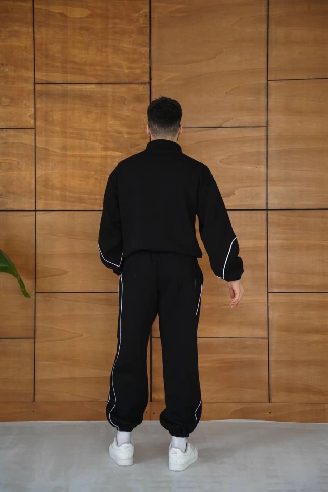 Erkek Premium Parçalı Eşofman Takım  Dik Yaka Fermuarlı Biyeli weatshirt astik Paça Alt, Oversize 3 Iplik Şardonlu  iyah