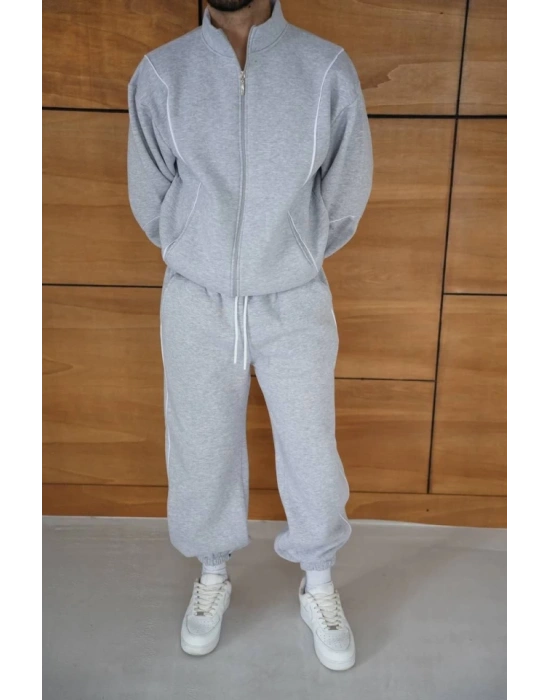 Erkek Premium Parçalı Eşofman Takım  Dik Yaka Fermuarlı Biyeli weatshirt astik Paça Alt, Oversize 3 Iplik Şardonlu  Gri
