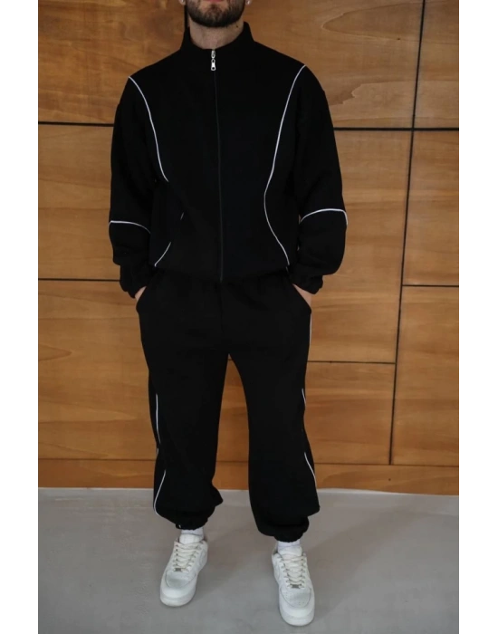 Erkek Premium Parçalı Eşofman Takım  Dik Yaka Fermuarlı Biyeli weatshirt astik Paça Alt, Oversize 3 Iplik Şardonlu  iyah