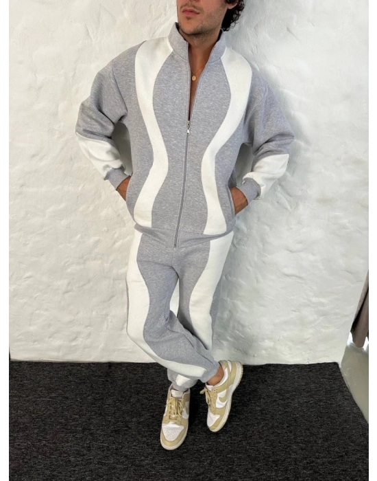 Erkek Premium Parçalı Eşofman Takım  Dik Yaka Fermuarlı weatshirt,  Gri