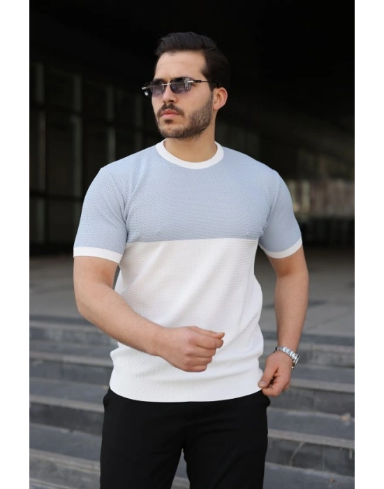Erkek Renk Bloklu Bisiklet Yaka Kısa Kollu Triko Tişört