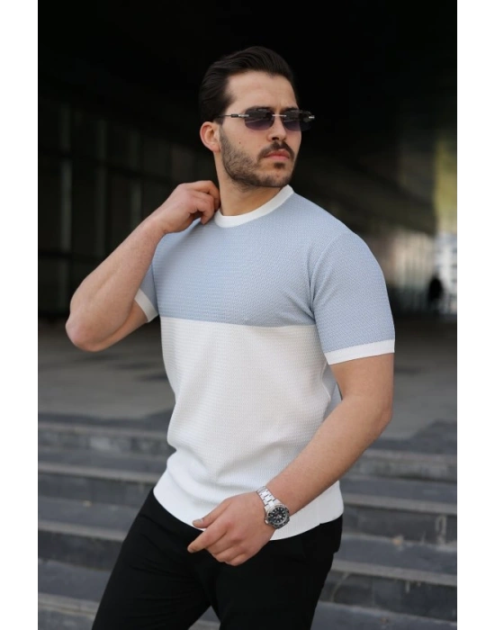 Erkek Renk Bloklu Bisiklet Yaka Kısa Kollu Triko Tişört