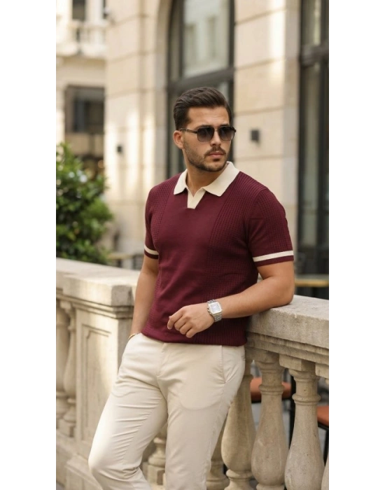 Erkek Renkli Yakalı File Desenli Kısa Kollu Tişört