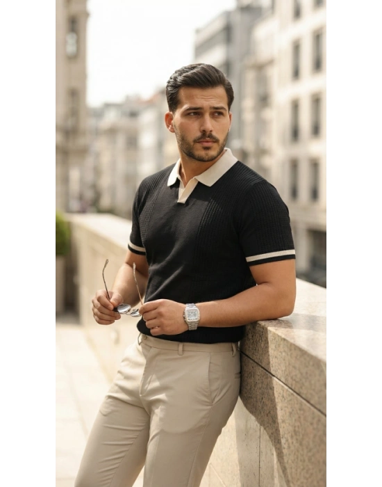 Erkek Renkli Yakalı File Desenli Kısa Kollu Tişört