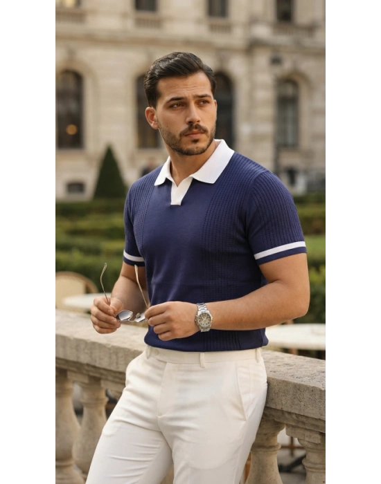 Erkek Renkli Yakalı File Desenli Kısa Kollu Tişört