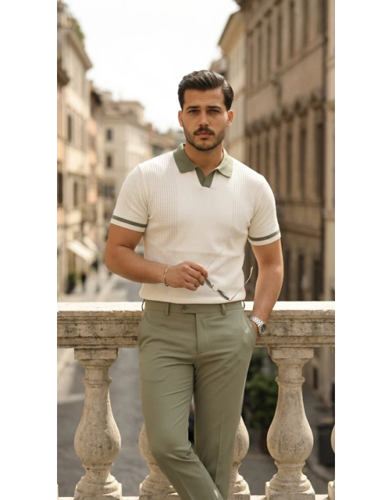 Erkek Renkli Yakalı File Desenli Kısa Kollu Tişört