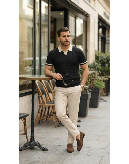 Erkek Renkli Yakalı File Desenli Kısa Kollu Tişört