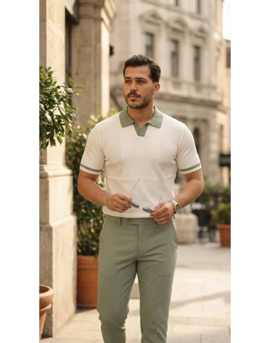 Erkek Renkli Yakalı File Desenli Kısa Kollu Tişört