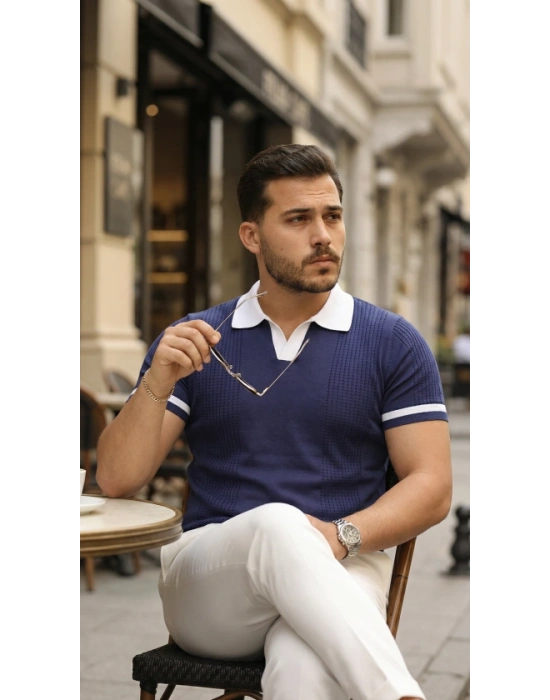 Erkek Renkli Yakalı File Desenli Kısa Kollu Tişört