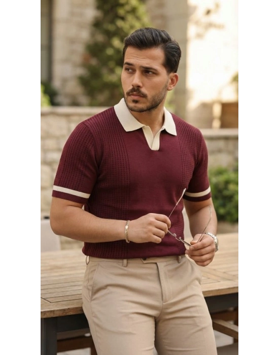 Erkek Renkli Yakalı File Desenli Kısa Kollu Tişört