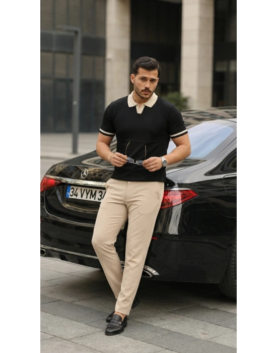 Erkek Renkli Yakalı File Desenli Kısa Kollu Tişört