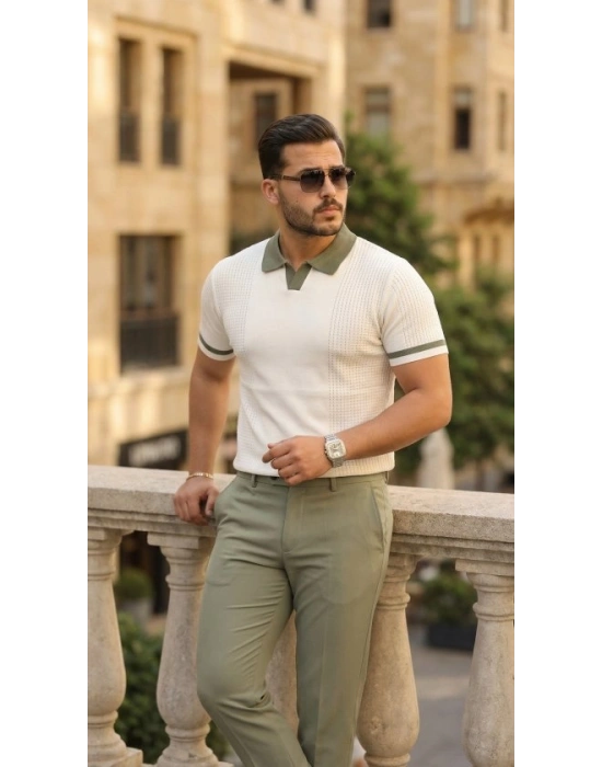 Erkek Renkli Yakalı File Desenli Kısa Kollu Tişört