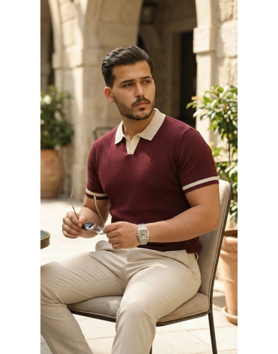 Erkek Renkli Yakalı File Desenli Kısa Kollu Tişört