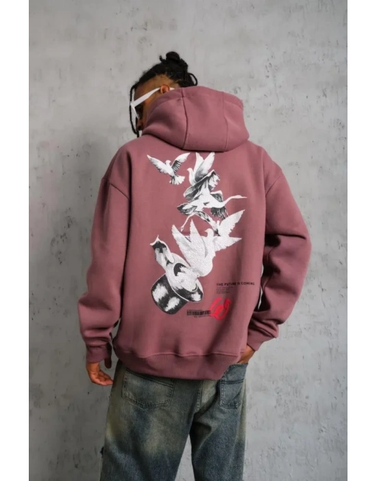 Erkek Şapkalı Güvercin Baskılı Kapşonlu weat  Gül Kurusu